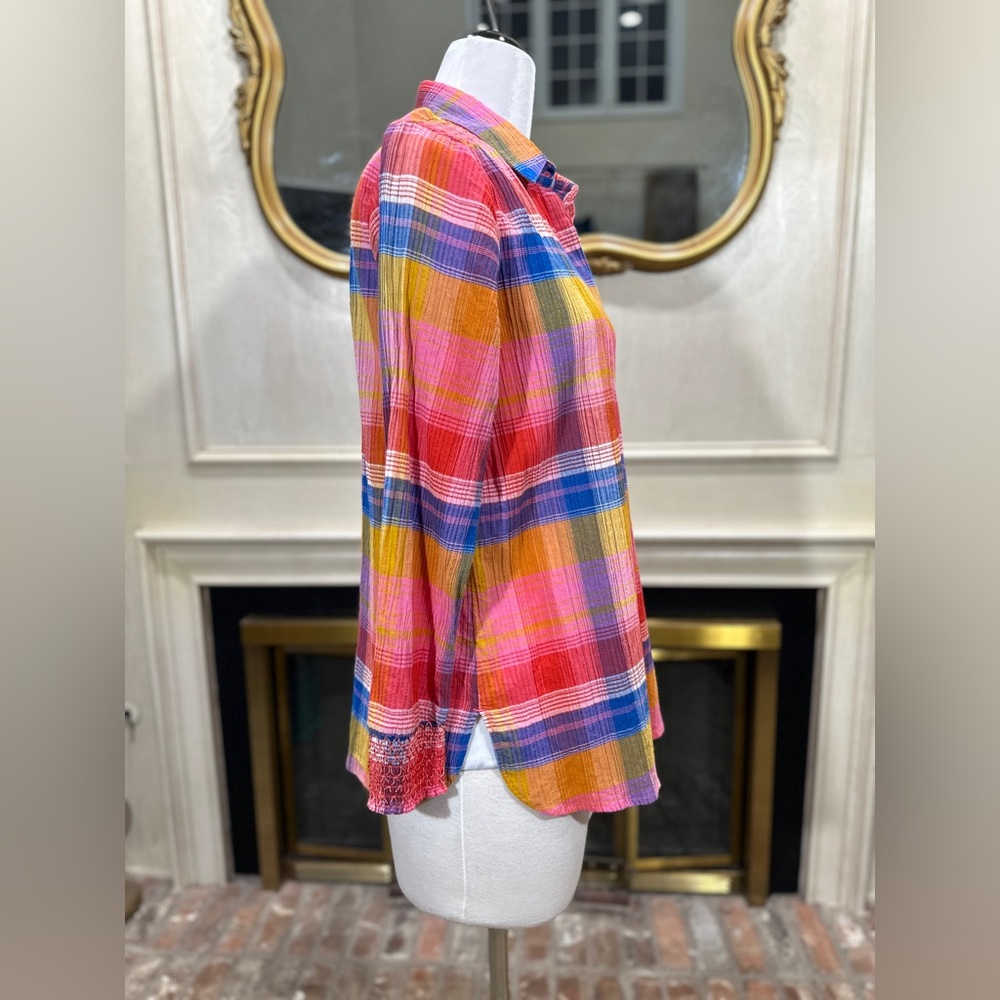 Soft Surroundings Sansonne Rainbow Plaid‎ Crinkle Blouse M - Picture 9 of 11